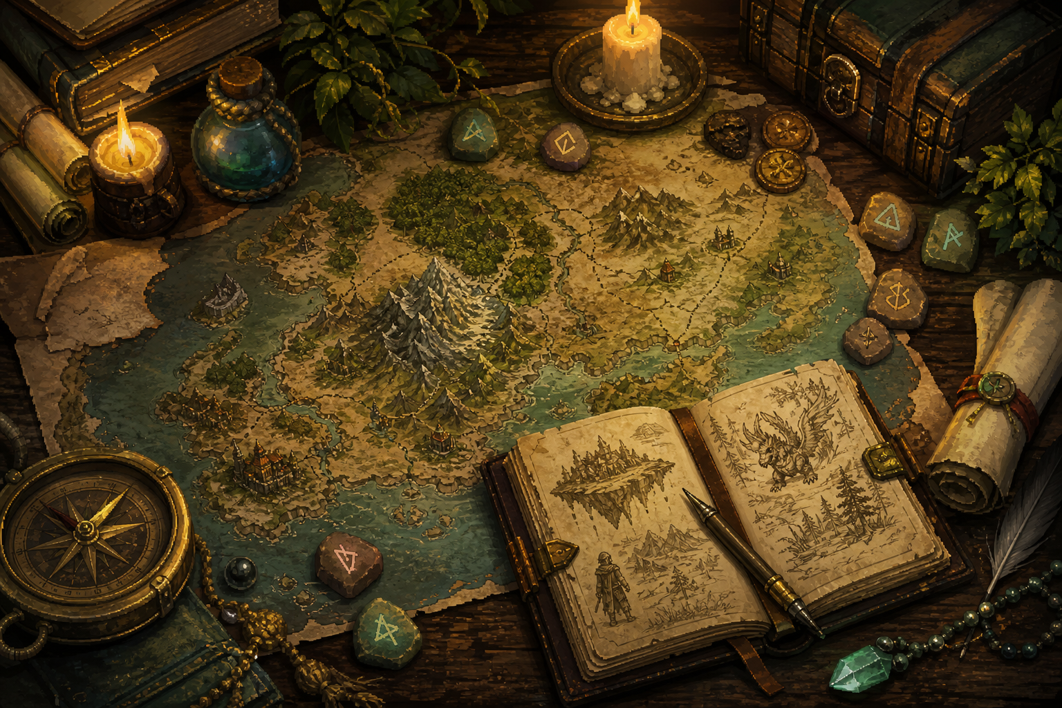 Mapa antiguo del mundo de NewTibia sobre una mesa de explorador